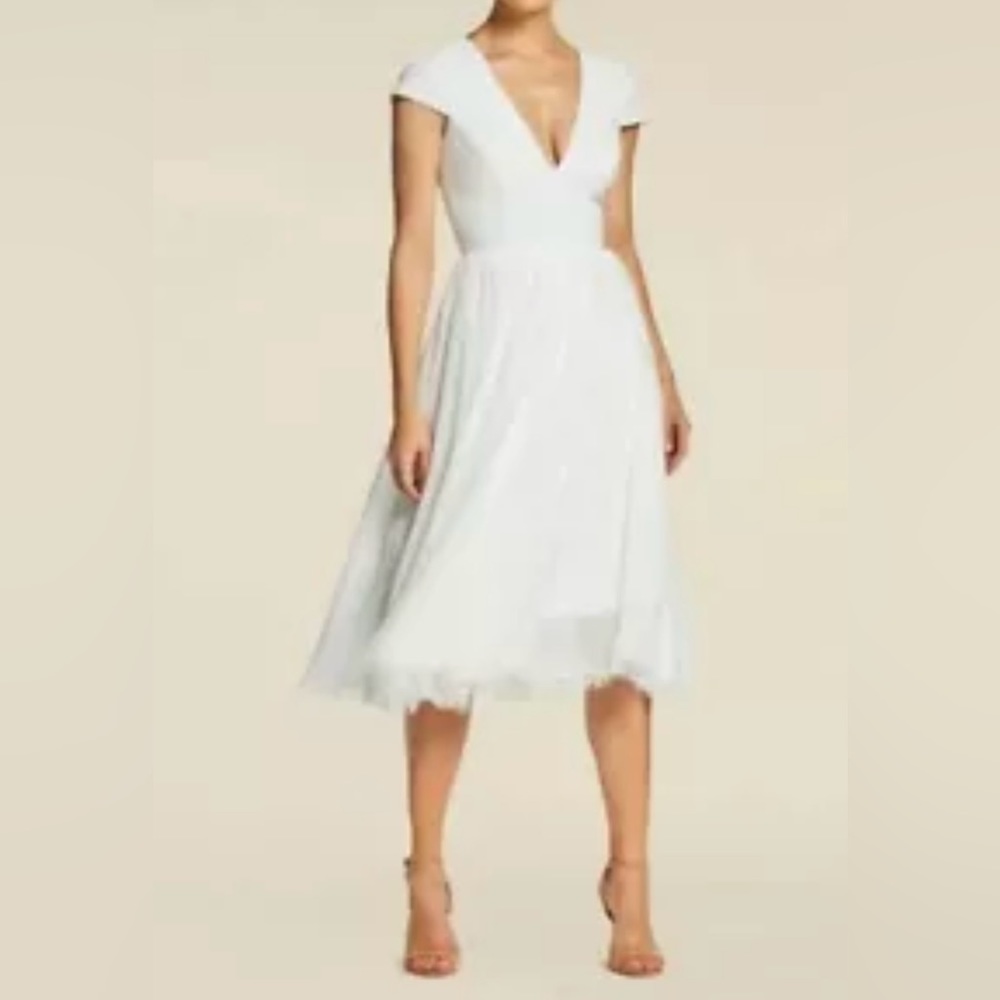 DRESS THE POPULATION Corey Chiffon Fit & Flare Off White Midi size L 12-14 NWT
